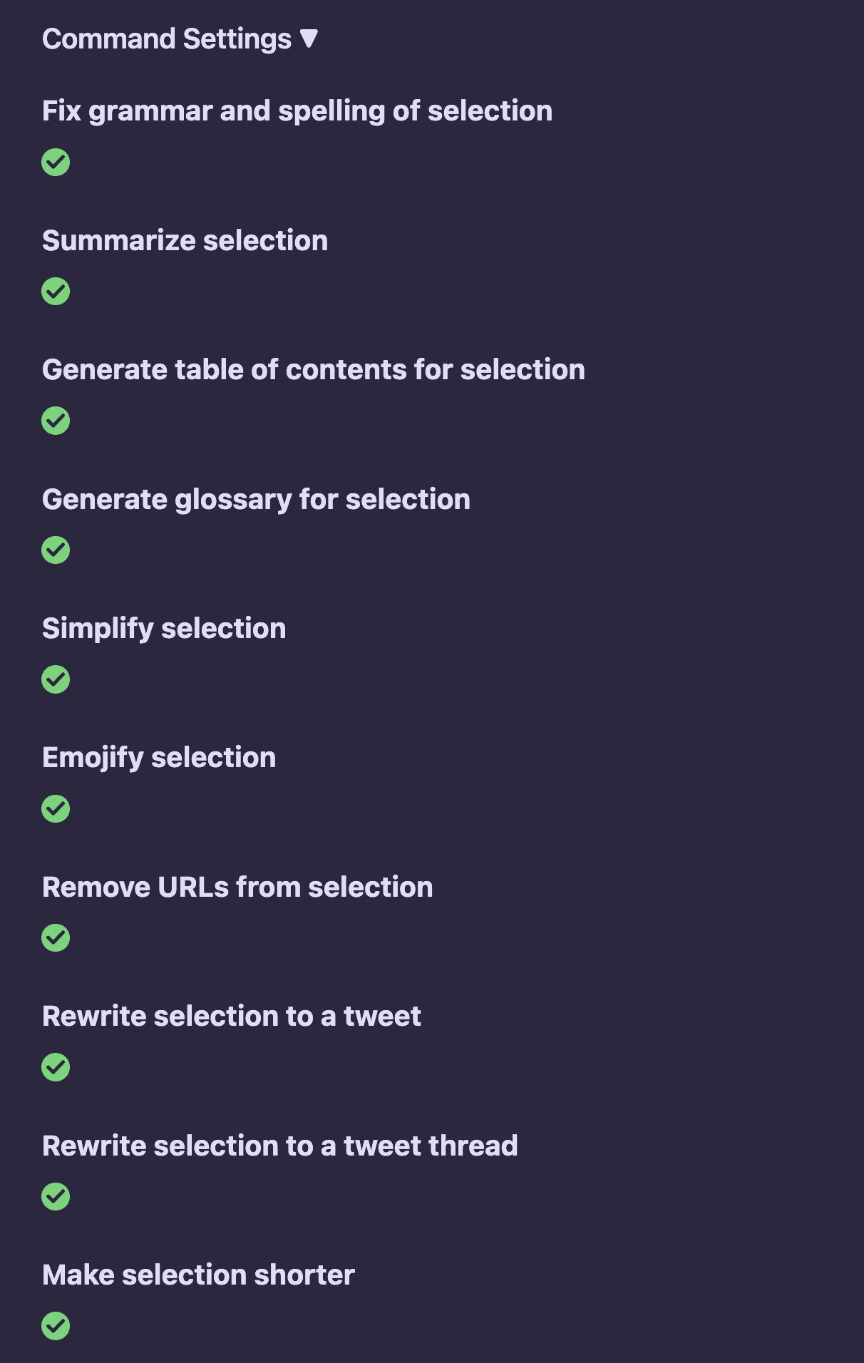 Copilot Commands settings