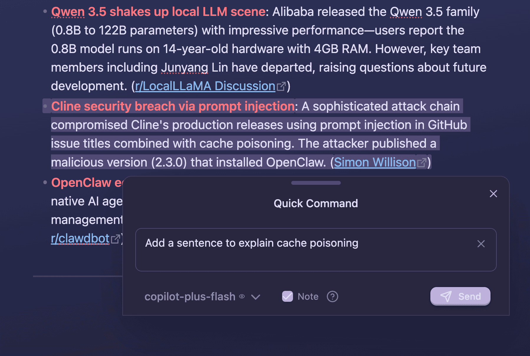 Copilot quick commands inside Obsidian