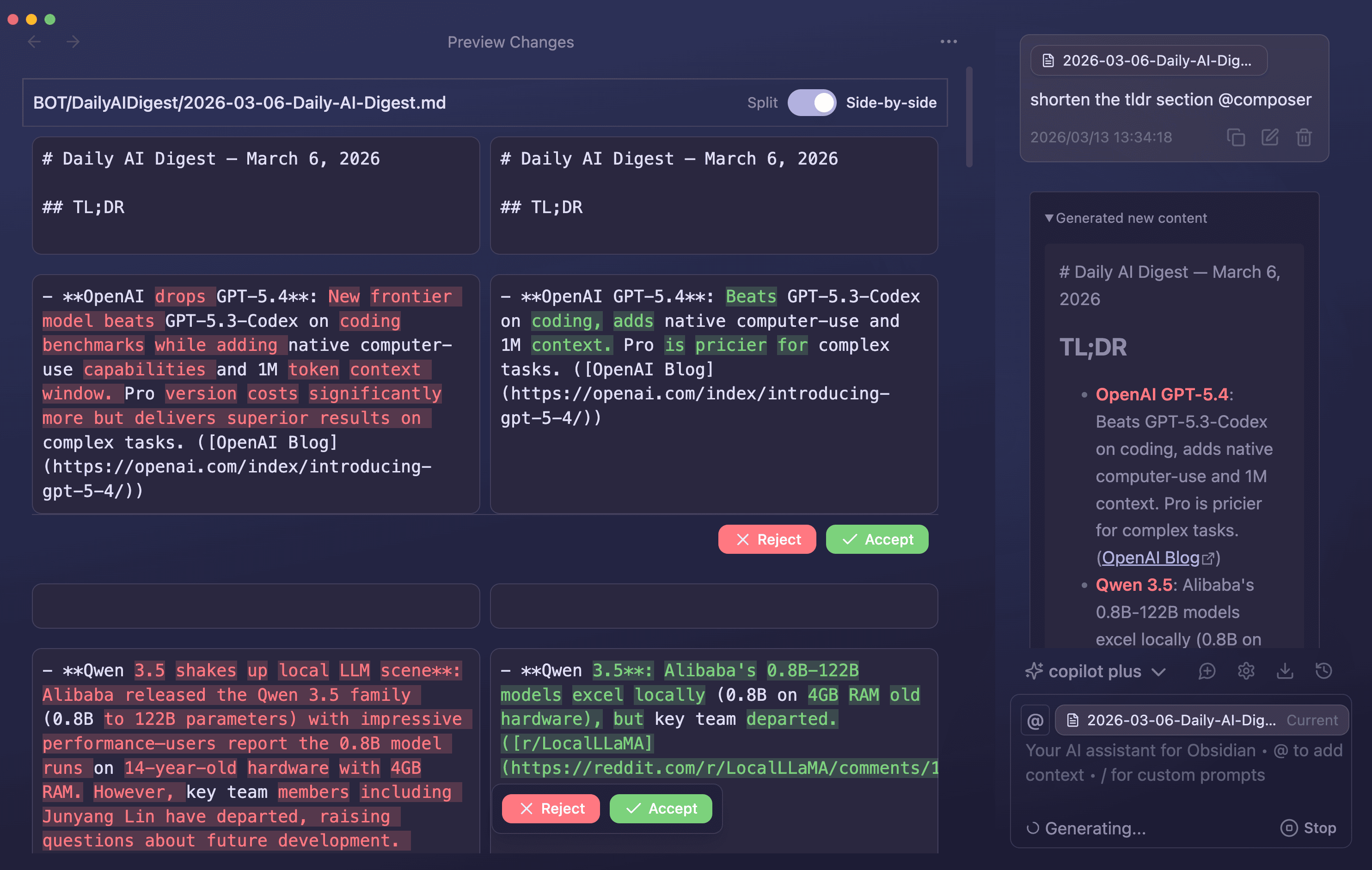 Copilot composer editing notes with diff preview